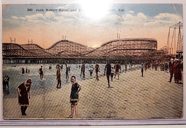 Long Beach 1928 Vintage Postcard. California Jack Rabbit Racer /& Bathers