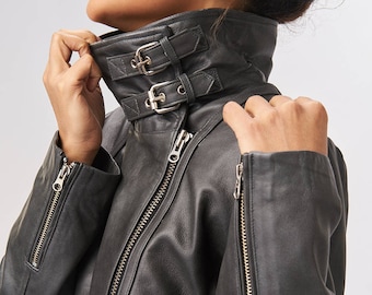 Leather Jacket With Buckle Collar - Graphite Grey - Etsy Leather Jacket With Buckle Collar - Graphite Grey - Etsy