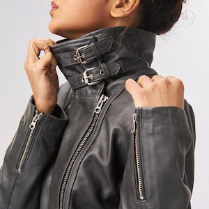 Leather Jacket With Buckle Collar Graphite Grey Etsy
