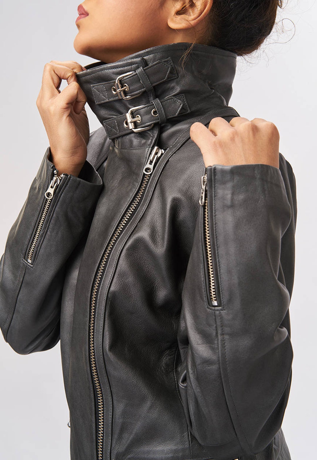 Leather Jacket With Buckle Collar Graphite Grey - Etsy Leather Jacket With Buckle Collar Graphite Grey - Etsy