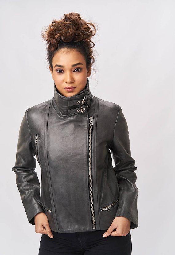 LEATHER EFFECT CROPPED BIKER JACKET - Charcoal