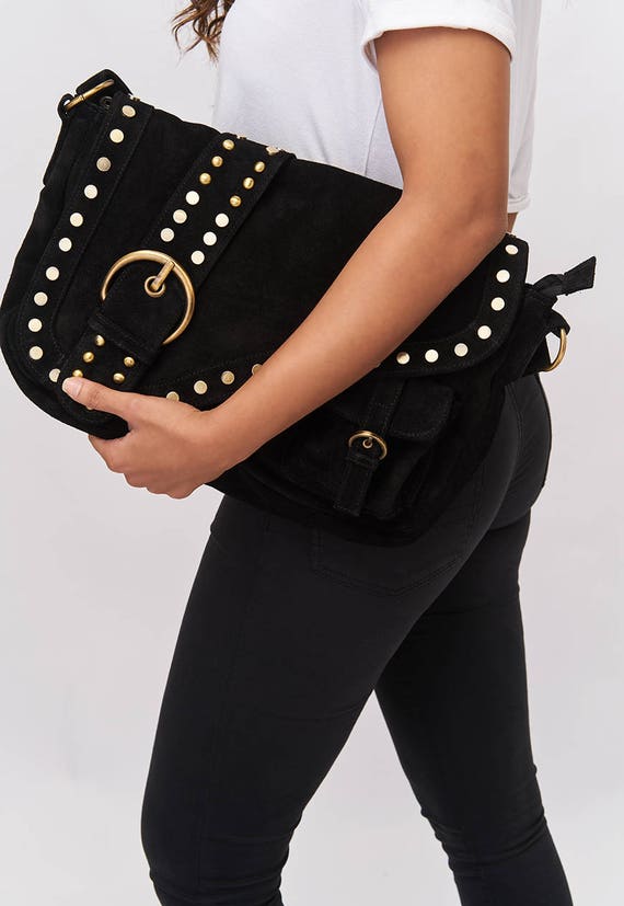 Black suede saddle clearance bag