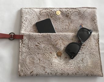 velvet clutch with leather handle