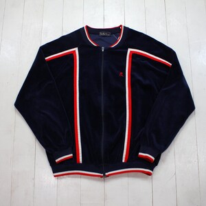 Vintage 1980s 80s Velour Blue Striped Track Jacket Mens Sportswear