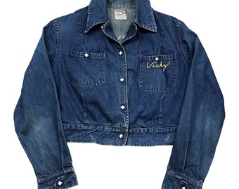 1950s Levi's Shorthorn Denim Ranch Jacket Embroidered "Vicky" Suzy Q Horse Made in USA Womens Size XS/S