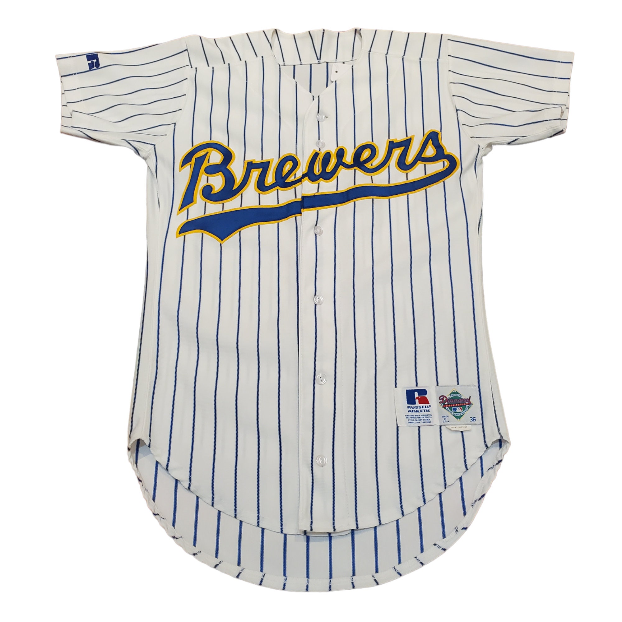 Vintage 1990s Milwaukee Brewers MLB Baseball Russell Diamond Collection Stitched Blank Baseball Jersey Size 48 XL in Nice Condition