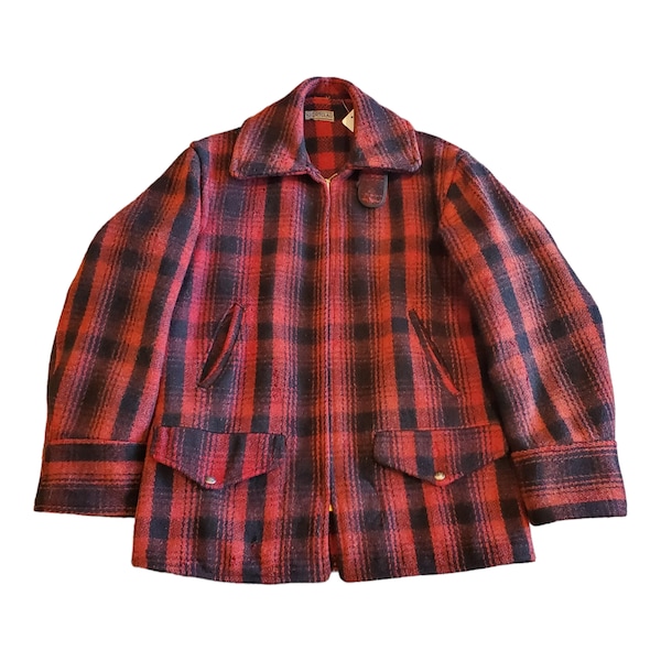 1940s Sportclad Red Shadow Plaid Wool Hunting Jacket de Penney Made in USA Taille M