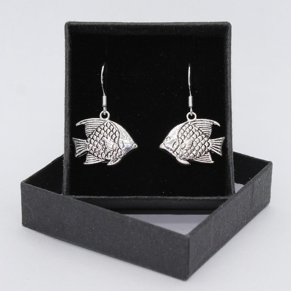 Kissing Gourami / tropical fish - Sterling Silver fish hook dangle & drop earrings with Tibetan silver charm