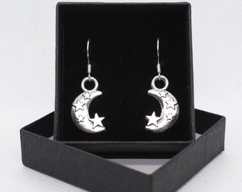 Moon and Stars / space sky - Sterling Silver fish hook dangle & drop earrings with Tibetan silver charm