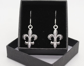 Fleur De Lis French Lily Drop Earrings: Sterling Silver Hooks, Tibetan Silver Charm