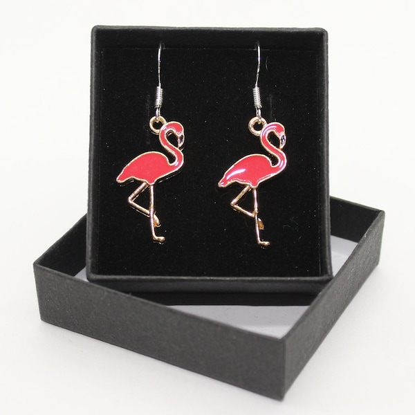 Flamingo Bird Rose Pink - Festival Summer Beach - Sterling Silver fish hook dangle & drop earrings with Gold plated coloured enamel