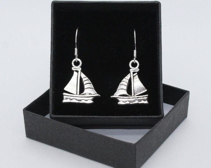 Sailboat / anchor Sailor sea sailing - Sterling Silver fish hooks with Tibetan silver drop earrings
