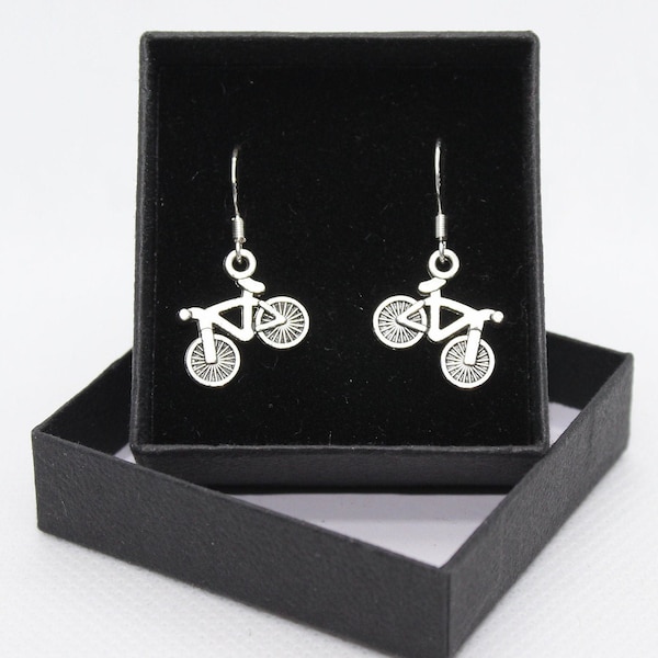 Bicycle / Bike Cycle Cycling sport - Sterling Silver fish hook dangle & drop earrings with Tibetan silver charm