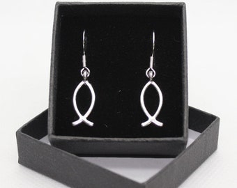 Ichthys Fish Symbol Earrings: Sterling Silver Hooks, Tibetan Silver Charm
