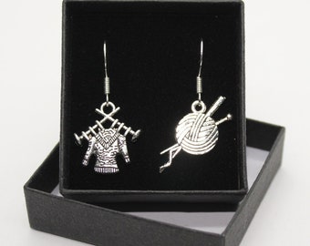 Knitting and Ball of Wool / sewing bee - Mismatched Sterling Silver fish hook dangle & drop earrings with Tibetan silver