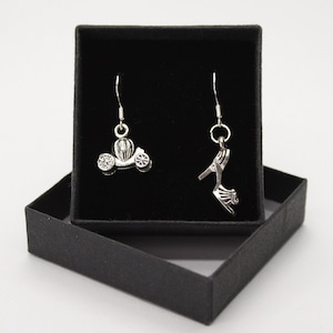 Pumpkin Coach and Glass Slipper / Cinderella Princess Panto - Mismatched Sterling Silver fish hook dangle drop earrings with Tibetan silver