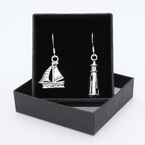 Lighthouse and Sailboat / anchor Sailor sea sailing - Mismatched Sterling Silver fish hooks with Tibetan silver drop earrings