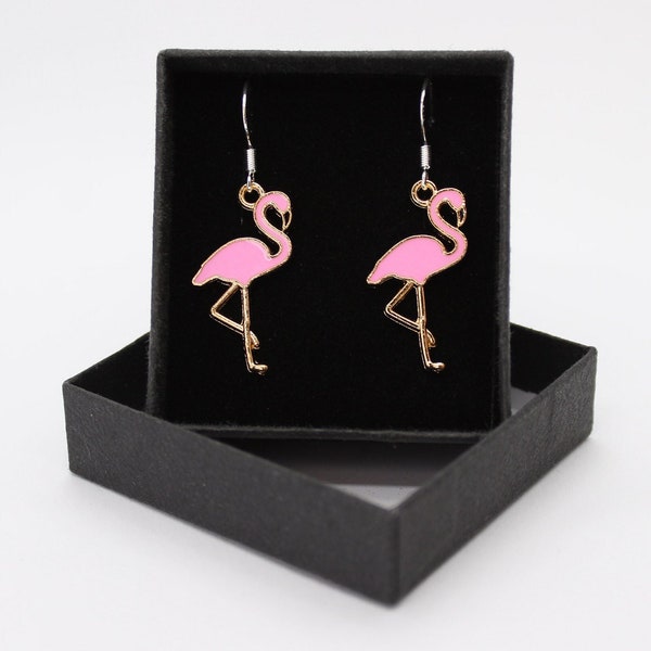 Flamingo Bird Hot Pink - Festival Summer Beach - Sterling Silver fish hook dangle & drop earrings with Gold plated coloured enamel charms