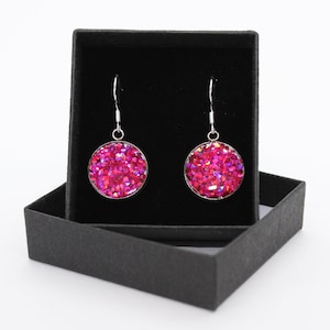 Hot Pink - Sterling Silver earrings with handmade Glitter Resin Cabochon - available in a variety of bright and vivid colours