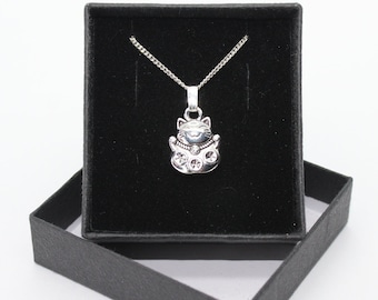 Maneki Neko Chinese Lucky Fortune Money Cat - Sterling Silver curb chain necklace with Tibetan Silver pendant