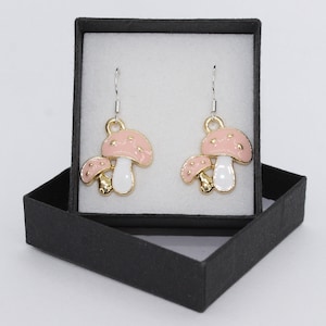 Peach Mushroom Earrings: Sterling Silver Hooks, Tibetan Silver Enamel Dangle Charms