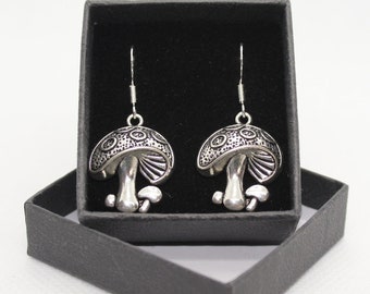 Mushroom / Fungi - Sterling Silver fish hook dangle & drop earrings with Tibetan silver