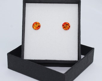 Ópalo de fuego / fuego rojo anaranjado ardiente - Pendientes de botón con parte trasera plana de cristal hechos con plata de ley y cristales europeos de la mejor calidad