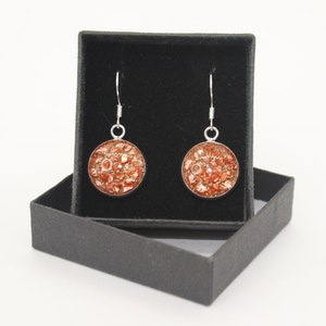 May include: A pair of silver dangle earrings with round orange and gold resin inlays. The earrings are displayed in a black box.
