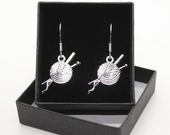 Ball of Wool / knitting sewing bee - Sterling Silver fish hook dangle & drop earrings with Tibetan silver