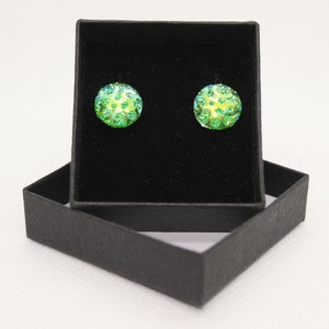 May include: A pair of round green iridescent earrings in a black velvet jewelry box.