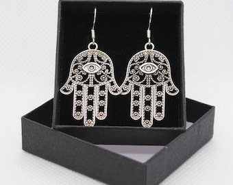 Medium Hamsa hand - Festival Summer Beach Party - Sterling Silver fish hook dangle & drop earrings with Tibetan silver