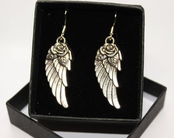 Rose Wing - Sterling Silver fish hook dangle & drop earrings with Tibetan silver