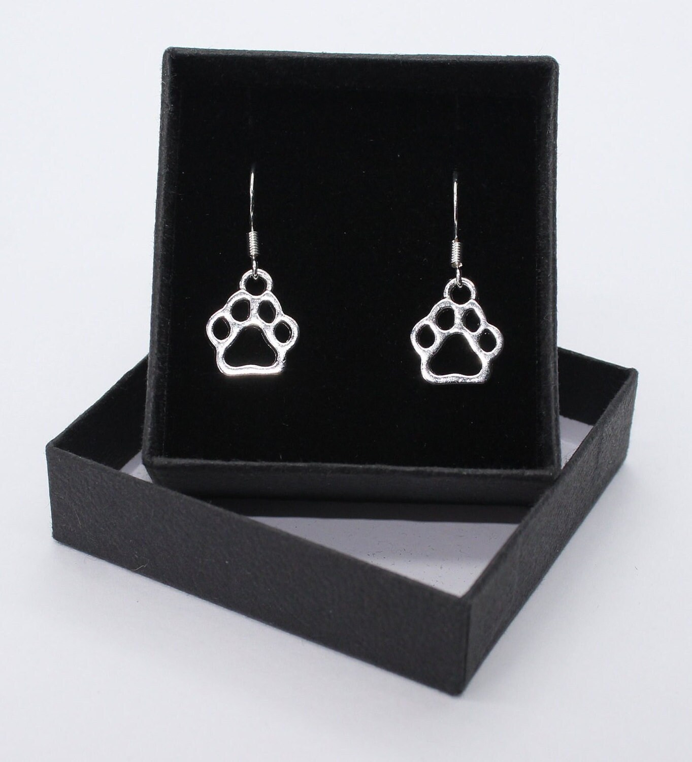 Puppy Paw / animal pet cat dog - Sterling Silver fish hook dangle & drop earrings with Tibetan silver charm