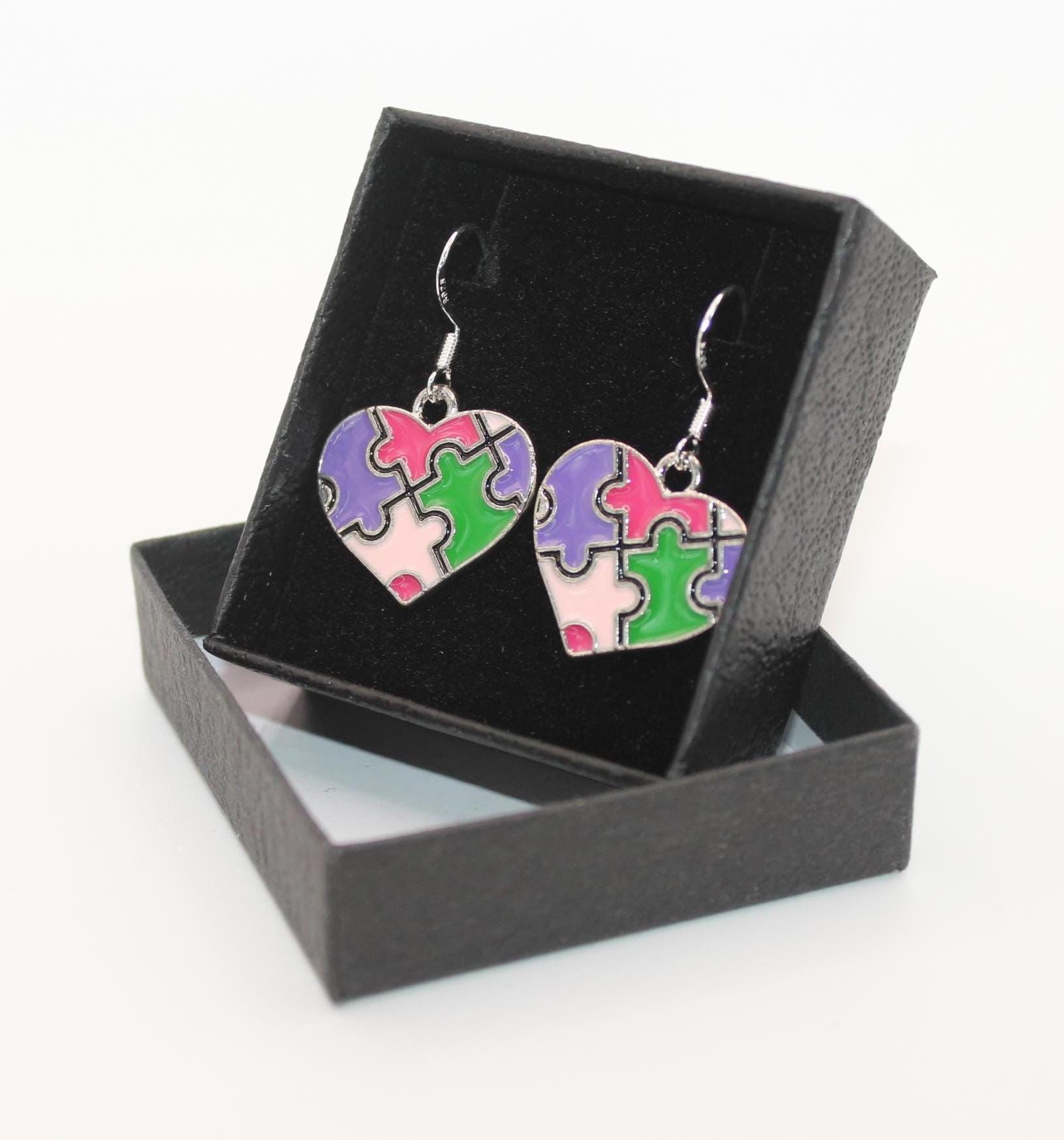Heart Jigsaw Puzzle Earrings: Pastel Enamel, Sterling Silver Hooks