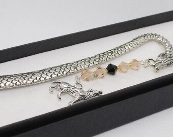 Wolf / Stark / Direwolf - Tibetan Silver Dragon design bookmark with dangling champagne Czech glass crystals and Tibetan Silver charm