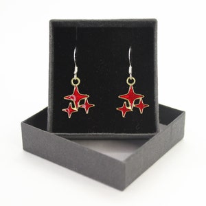 Scarlet Star Cluster Earrings: Sterling Silver Hoops Gold Plated Enamel Drops