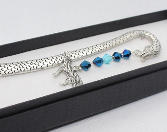 Wolf / Stark Direwolf - Tibetan Silver Dragon design bookmark with dangling deep blue turquoise Czech glass crystals Tibetan Silver charm