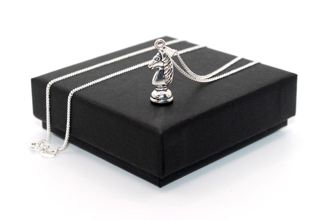 Chess Chain Knight Chess Piece Necklace / Game - Sterling Silver Curb Chain With ...
