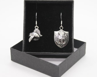 Medieval Helmet and Shield - Sterling Silver fish hooks with Tibetan silver drop earrings