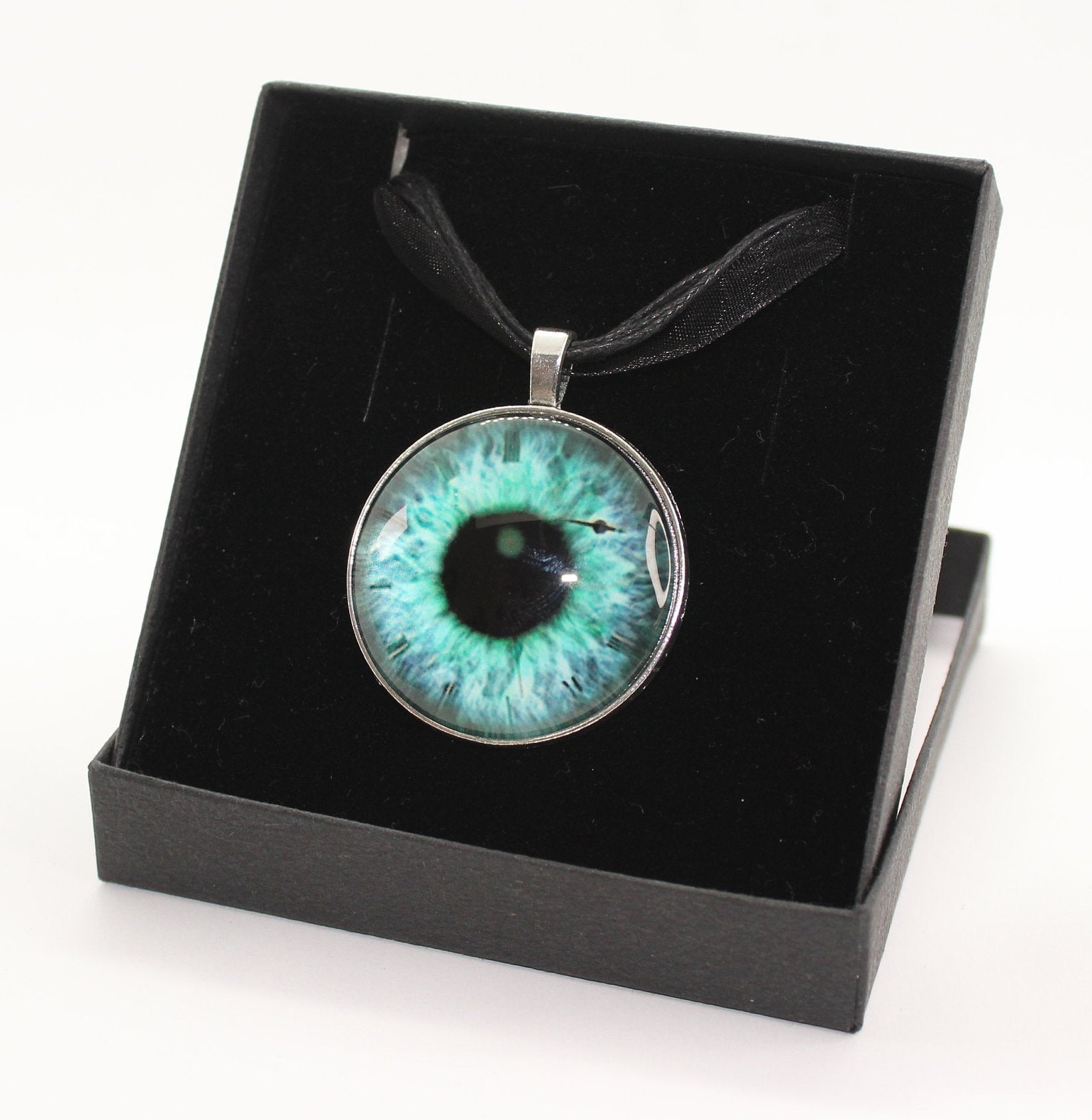 Turquoise Dragon Eye Necklace: Glass Cabochon, Tibetan Silver, Organza Ribbon