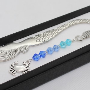 Mermaid Bookmark: Tibetan Silver Crab Charm, Blue Czech Crystals