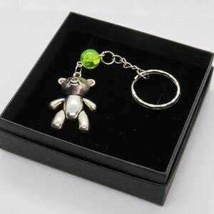 Teddy Bear - Silver plated key ring with Tibetan silver charm and coloured glass crackle bead
