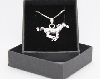 Galloping Horse / running racing - Sterling Silver curb chain necklace with Tibetan Silver pendant charm