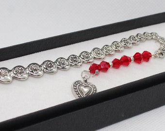 Fancy Heart - Tibetan Silver Heart and Flower design bookmark with dangling deep red Czech glass crystals and Tibetan Silver Charm