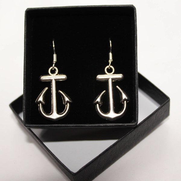 Anchor / Ship Sailor Sailing Boat Yacht - Sterling Silver fish hook dangle & drop earrings with Tibetan silver