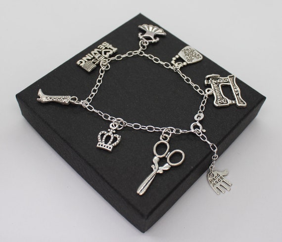 Sewing Sewing Bee Singer Machine Dress Making Sterling Silver Cable Link Charm Bracelet With Tibetan Silver Charms Etsy