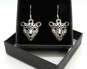 Leopard / Cat Africa - Sterling Silver fish hook dangle & drop earrings with Tibetan silver