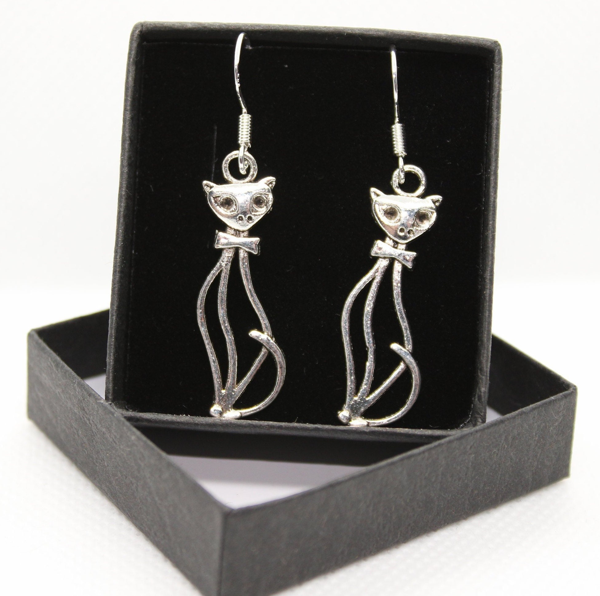 Elegant Cat / Kitty Kitten - Sterling Silver fish hook dangle & drop earrings with Tibetan silver