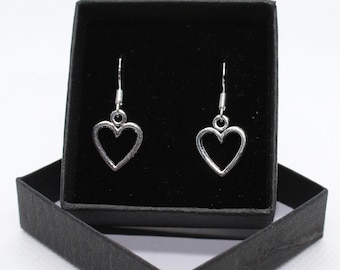 Small Heart Dangle Earrings: Sterling Silver Hooks, Tibetan Silver Charm
