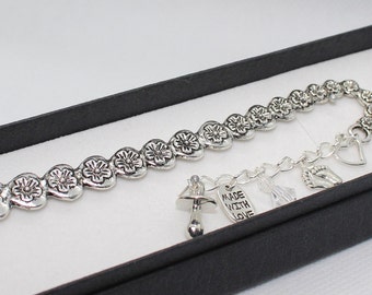 Mum to be - Clear - Heart and Flower design Tibetan Silver bookmark with dangling Czech glass crystal and Tibetan Silver Baby shower charms